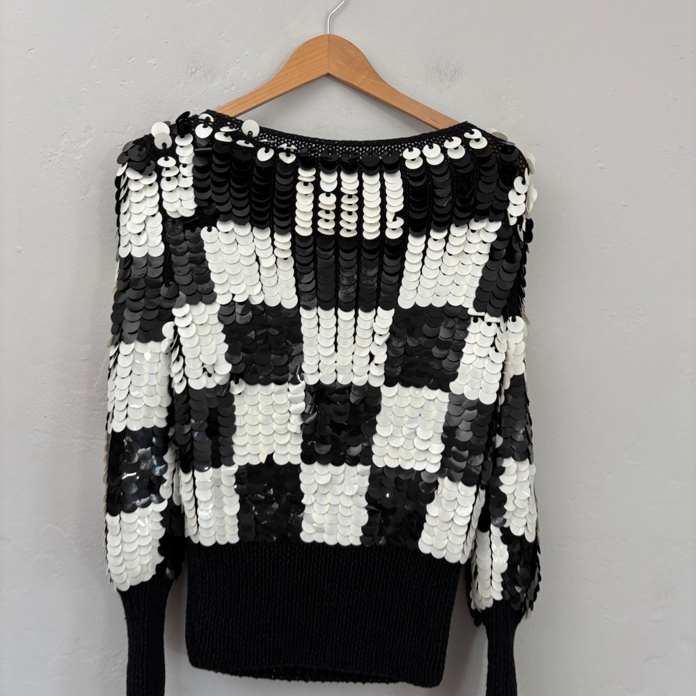 Vintage Sequin Sweater Women Size Small? Black White Checkered Hand Knit Wool - Picture 2 of 11
